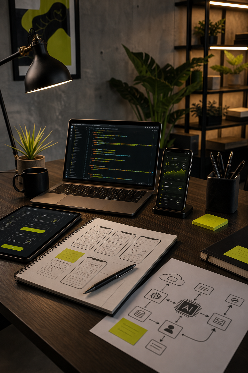 Premium digital product workspace with software and AI workflow materials