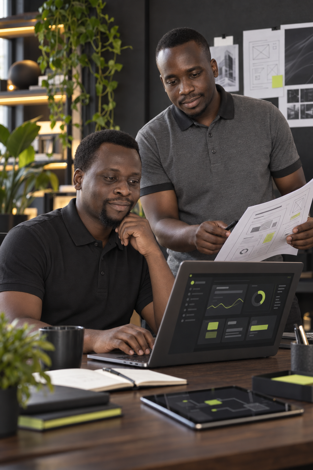 Cave Motions teammates building a web and AI product in a premium studio workspace